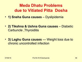 Meda Dhatu Problems
due to Vitiated Pitta Dosha
• 1) Sneha Guna causes – Dyslipidemia
• 2) Tikshna & Ushna Guna causes – Diabetic
Carbuncle ,Thyroiditis
• 3) Laghu Guna causes --- Weight loss due to
chronic uncontrolled infection
07/06/18 Prof.Dr.R.R.Deshpande 66
 
