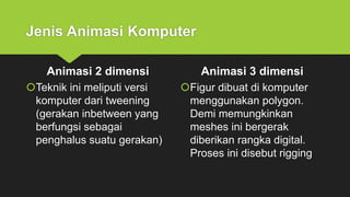 Jenis Animasi Komputer
Animasi 2 dimensi
Teknik ini meliputi versi
komputer dari tweening
(gerakan inbetween yang
berfungsi sebagai
penghalus suatu gerakan)
Animasi 3 dimensi
Figur dibuat di komputer
menggunakan polygon.
Demi memungkinkan
meshes ini bergerak
diberikan rangka digital.
Proses ini disebut rigging
 