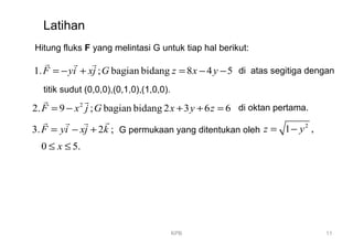 KPB 11
Latihan
Hitung fluks F yang melintasi G untuk tiap hal berikut:
1. ; bagian bidang 8 4 5F yi xj G z x y= − + = − −
r r r
di atas segitiga dengan
titik sudut (0,0,0),(0,1,0),(1,0,0).
2
2. 9 ; bagian bidang 2 3 6 6F x j G x y z= − + + =
r r
di oktan pertama.
3. 2 ;F yi xj k= − +
rr r r
G permukaan yang ditentukan oleh
2
1 ,z y= −
0 5.x≤ ≤
 