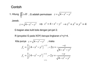 ContohContoh
1. Hitung
G
z dS∫∫ , G adalah permukaan
2 2
4z x y= − −
Jawab.
2 2
4z x y= − −
2 2 2
4z x y= − −⇒ 2 2 2
4z x y→ + + =
G bagian atas kulit bola dengan jari-jari 2.
R (proyeksi G pada XOY) berupa lingkaran x2
+y2
=4.
2 2
4z x y= − −
( )
1/22 2
2 2
1
4 . 2
2 4
x
x
f x y x
x y
− −
= − − − =
− −
( )
1/ 22 2
2 2
1
4 . 2
2 4
y
y
f x y y
x y
− −
= − − − =
− −
Kita punya , maka
KPB
 