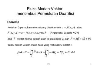 KPB 8
Fluks Medan Vektor
menembus Permukaan Dua Sisi
Teorema
Andaikan G permukaan dua sisi yang diberikan oleh ( , )z f x y= at au
( , , ) ( , ) ,( , )F x y z z f x y x y R= − ∈ (R=proyeksi G pada XOY)
Jika n
r
vektor normal satuan arah ke atas pada G, dan F Mi Nj Pk= + +
rr r r
suatu medan vektor, maka fluks yang melintasi G adalah :
( ). x y
G R
fluks F F n dS Mf Nf P dA= = − − +∫∫ ∫∫
r r
 