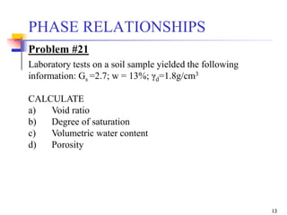 13
PHASE RELATIONSHIPS
Problem #21
Laboratory tests on a soil sample yielded the following
information: Gs =2.7; w = 13%; γd=1.8g/cm3
CALCULATE
a) Void ratio
b) Degree of saturation
c) Volumetric water content
d) Porosity
 