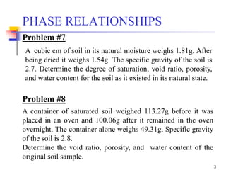 3
PHASE RELATIONSHIPS
Problem #7
A cubic cm of soil in its natural moisture weighs 1.81g. After
being dried it weighs 1.54g. The specific gravity of the soil is
2.7. Determine the degree of saturation, void ratio, porosity,
and water content for the soil as it existed in its natural state.
Problem #8
A container of saturated soil weighed 113.27g before it was
placed in an oven and 100.06g after it remained in the oven
overnight. The container alone weighs 49.31g. Specific gravity
of the soil is 2.8.
Determine the void ratio, porosity, and water content of the
original soil sample.
 