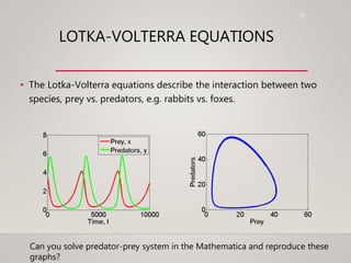 19
LOTKA-VOLTERRA EQUATIONS
• The Lotka-Volterra equations describe the interaction between two
species, prey vs. predators, e.g. rabbits vs. foxes.
Can you solve predator-prey system in the Mathematica and reproduce these
graphs?
 