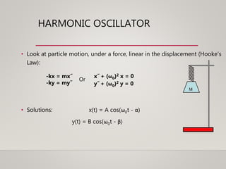HARMONIC OSCILLATOR
• Look at particle motion, under a force, linear in the displacement (Hooke’s
Law):
• Solutions: x(t) = A cos(ω0t - α)
y(t) = B cos(ω0t - β)
Or
x˝ + (ω0)2 x = 0
y˝ + (ω0)2 y = 0
-kx = mx˝
-ky = my˝
 