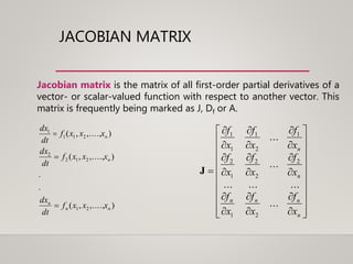 JACOBIAN MATRIX







































n
nnn
n
n
x
f
x
f
x
f
x
f
x
f
x
f
x
f
x
f
x
f
...
.........
...
...
21
2
2
2
1
2
1
2
1
1
1
J
Jacobian matrix is the matrix of all first-order partial derivatives of a
vector- or scalar-valued function with respect to another vector. This
matrix is frequently being marked as J, Df or A.
),....,,(
.
.
),....,,(
),....,,(
21
2122
2
2111
1
nnn
n
n
n
xxxfx
dt
dx
xxxfx
dt
dx
xxxfx
dt
dx






),....,,(
.
.
),....,,(
),....,,(
21
2122
2
2111
1
nnn
n
n
n
xxxfx
dt
dx
xxxfx
dt
dx
xxxfx
dt
dx






 