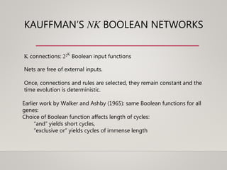 KAUFFMAN’S NK BOOLEAN NETWORKS
K connections: 22K
Boolean input functions
Nets are free of external inputs.
Once, connections and rules are selected, they remain constant and the
time evolution is deterministic.
Earlier work by Walker and Ashby (1965): same Boolean functions for all
genes:
Choice of Boolean function affects length of cycles:
“and” yields short cycles,
“exclusive or” yields cycles of immense length
 
