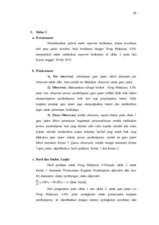 37
2. Siklus 2
a. Perencanaan
Mendiskusikan jadwal untuk supervisi berikutnya, kapan kesediaan
dari guru junior tersebut, hasil berdiskusi dengan Neng Mulyasari, S.Pd.
menyepakati untuk melakukan sepervisi berikutnya di siklus 2 pada hari
Kamis tanggal 30 Juli 2018
b. Pelaksanaan
1). Pra observasi, sebelumnya guru junior diberi instrumen pra
observasi untuk diisi, baru setelah itu dilakukan observasi untuk guru junior.
2). Observasi, dilaksanakan sebagai berikut : Neng Mulyasari, S.Pd.
pada saat observasi proses pembelajaran guru junior terlihat lebih baik dalam
mempresiapkan pembelajaran, baik dari segi penyampaian materi. Pada
kegiatan penutup guru junior juga menyampaikan materi dan memberikan
tugas untuk pertemuan berikutnya.
3). Pasca Observasi setelah observasi, seperti halnya pada siklus 1
guru junior diberi pertanyaan bagaimana perasaan/kesan setelah melakukan
proses pembelajaran tadi yang diamati oleh calon kepala sekolah lalu calon
kepala sekolah memberikan pujian terhadap hal-hal yang sudah baik yang
dilakukan guru junior selama proses pembelajaran, setelah itu guru junior
diberi instrumen format 3 (pasca observasi), setelah mengisi instrumen format
3 guru junior diperlihatkan hasil penilaian format 1 dan format 2.
c. Hasil dan Tindak Lanjut
Hasil penilaian untuk Neng Mulyasari, S.Pd.pada siklus 2 untuk
format 1 Instrumen Perencanaan Kegiatan Pembelajaran diperoleh nilai skor
40, dimasukan dalam perhitungan maka diperoleh :
40
44
x 100% = 90,90% = A (Baik Sekali)
Dari pengamatan pada siklus 1 dan siklus 2, untuk guru junior a.n
Neng Mulyasari, S.Pd. pada peningkatan untuk perencanaan kegiatan
pembelajaran, ini diperlihatkan dengan adanya peningkatan perolehan nilai
 
