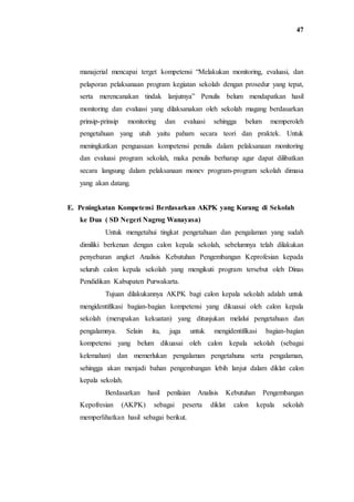 47
manajerial mencapai terget kompetensi “Melakukan monitoring, evaluasi, dan
pelaporan pelaksanaan program kegiatan sekolah dengan prosedur yang tepat,
serta merencanakan tindak lanjutnya” Penulis belum mendapatkan hasil
monitoring dan evaluasi yang dilaksanakan oleh sekolah magang berdasarkan
prinsip-prinsip monitoring dan evaluasi sehingga belum memperoleh
pengetahuan yang utuh yaitu paham secara teori dan praktek. Untuk
meningkatkan penguasaan kompetensi penulis dalam pelaksanaan monitoring
dan evaluasi program sekolah, maka penulis berharap agar dapat dilibatkan
secara langsung dalam pelaksanaan monev program-program sekolah dimasa
yang akan datang.
E. Peningkatan Kompetensi Berdasarkan AKPK yang Kurang di Sekolah
ke Dua ( SD Negeri Nagrog Wanayasa)
Untuk mengetahui tingkat pengetahuan dan pengalaman yang sudah
dimiliki berkenan dengan calon kepala sekolah, sebelumnya telah dilakukan
penyebaran angket Analisis Kebutuhan Pengembangan Keprofesian kepada
seluruh calon kepala sekolah yang mengikuti program tersebut oleh Dinas
Pendidikan Kabupaten Purwakarta.
Tujuan dilakukannya AKPK bagi calon kepala sekolah adalah untuk
mengidentifikasi bagian-bagian kompetensi yang dikuasai oleh calon kepala
sekolah (merupakan kekuatan) yang ditunjukan melalui pengetahuan dan
pengalamnya. Selain itu, juga untuk mengidentifikasi bagian-bagian
kompetensi yang belum dikuasai oleh calon kepala sekolah (sebagai
kelemahan) dan memerlukan pengalaman pengetahuna serta pengalaman,
sehingga akan menjadi bahan pengembangan lebih lanjut dalam diklat calon
kepala sekolah.
Berdasarkan hasil penilaian Analisis Kebutuhan Pengembangan
Kepofresian (AKPK) sebagai peserta diklat calon kepala sekolah
memperlihatkan hasil sebagai berikut.
 