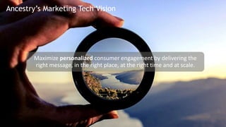 Ancestry’s Marketing Tech Vision
Maximize personalized consumer engagement by delivering the
right message, in the right place, at the right time and at scale.
 