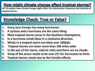 LO: To explain how climate change might affect the distribution, frequency and intensity of
tropical storms.
1. Every year Europe has many hurricanes.
2. A cyclone and a hurricane are the same thing.
3. Most tropical storms occur in the Southern Hemisphere.
4. In a hurricane winds blow in a clockwise direction.
5. Winds in a tropical storm can blow over 100kph.
6. Tropical storms are never more than 100 miles wide
7. In the eye of the storm, cold air sinks and there are no clouds.
8. Temp of the ocean needs to be over 27c for hurricanes to form.
9. Tropical storms rotate due to the Coriolis effects.
 