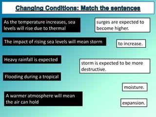 As the temperature increases, sea
levels will rise due to thermal
expansion.
The impact of rising sea levels will mean storm
surges are expected to
become higher.
A warmer atmosphere will mean
the air can hold
moisture.
Heavy rainfall is expected
to increase.
Flooding during a tropical
storm is expected to be more
destructive.
 