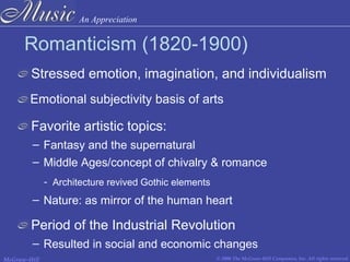 An Appreciation
© 2006 The McGraw-Hill Companies, Inc. All rights reserved.McGraw-Hill
Romanticism (1820-1900)
Stressed emotion, imagination, and individualism
Emotional subjectivity basis of arts
Favorite artistic topics:
– Fantasy and the supernatural
Period of the Industrial Revolution
– Resulted in social and economic changes
– Middle Ages/concept of chivalry & romance
– Nature: as mirror of the human heart
- Architecture revived Gothic elements
 
