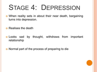 STAGE 4: DEPRESSION
 When reality sets in about their near death, bargaining
turns into depression.
 Realises the death
 Looks sad by thought, withdraws from important
relationship
 Normal part of the process of preparing to die
 