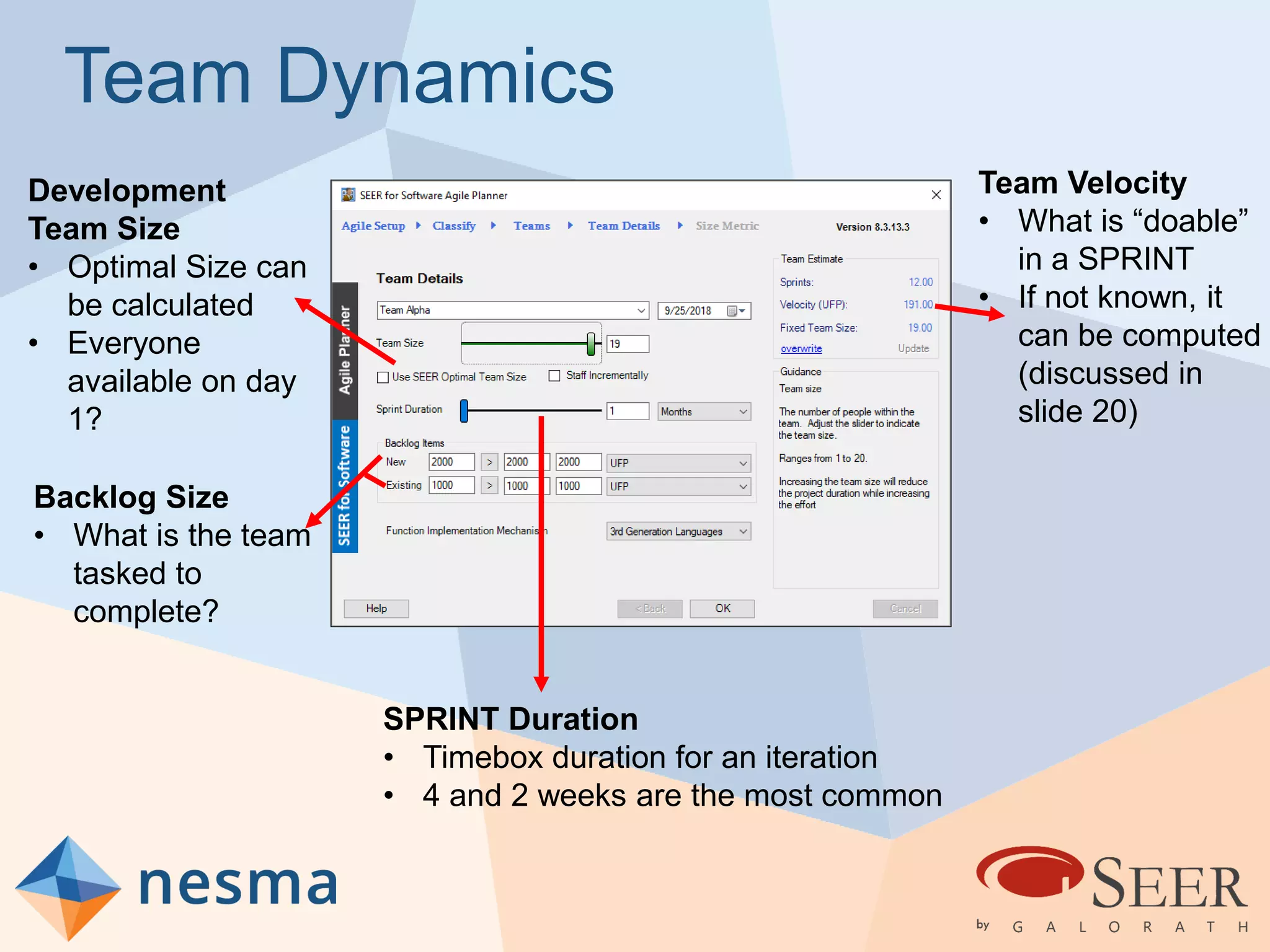 Team Dynamics
Development
Team Size
• Optimal Size can
be calculated
• Everyone
available on day
1?
Backlog Size
• What is the team
tasked to
complete?
SPRINT Duration
• Timebox duration for an iteration
• 4 and 2 weeks are the most common
Team Velocity
• What is “doable”
in a SPRINT
• If not known, it
can be computed
(discussed in
slide 20)
 