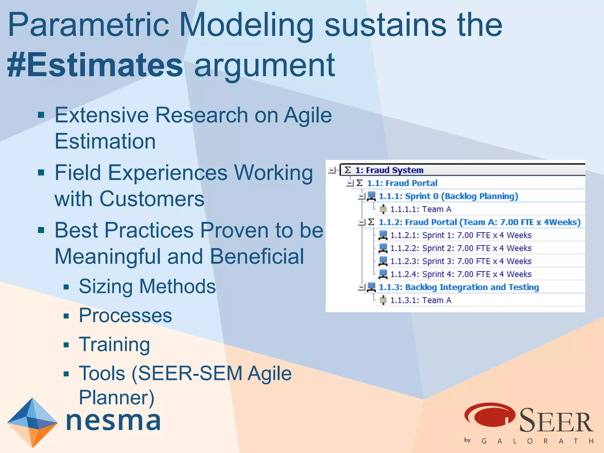 Parametric Modeling sustains the
#Estimates argument
 Extensive Research on Agile
Estimation
 Field Experiences Working
with Customers
 Best Practices Proven to be
Meaningful and Beneficial
 Sizing Methods
 Processes
 Training
 Tools (SEER-SEM Agile
Planner)
 