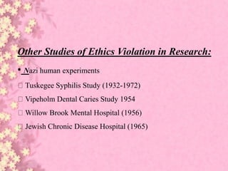 Other Studies of Ethics Violation in Research:
• Nazi human experiments
Tuskegee Syphilis Study (1932-1972)
Vipeholm Dental Caries Study 1954
Willow Brook Mental Hospital (1956)
Jewish Chronic Disease Hospital (1965)
 