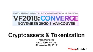 Cryptoassets & Tokenization
Alan Wunsche
CEO, TokenFunder
November 28, 2018
 