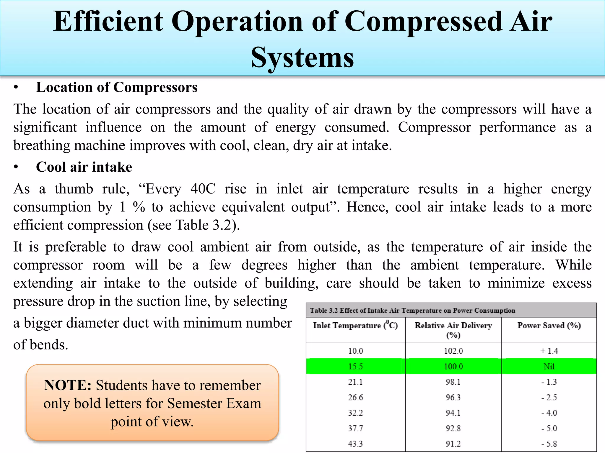 Efficient Operation of Compressed Air
Systems
• Location of Compressors
The location of air compressors and the quality of air drawn by the compressors will have a
significant influence on the amount of energy consumed. Compressor performance as a
breathing machine improves with cool, clean, dry air at intake.
• Cool air intake
As a thumb rule, “Every 40C rise in inlet air temperature results in a higher energy
consumption by 1 % to achieve equivalent output”. Hence, cool air intake leads to a more
efficient compression (see Table 3.2).
It is preferable to draw cool ambient air from outside, as the temperature of air inside the
compressor room will be a few degrees higher than the ambient temperature. While
extending air intake to the outside of building, care should be taken to minimize excess
pressure drop in the suction line, by selecting
a bigger diameter duct with minimum number
of bends.
NOTE: Students have to remember
only bold letters for Semester Exam
point of view.
 