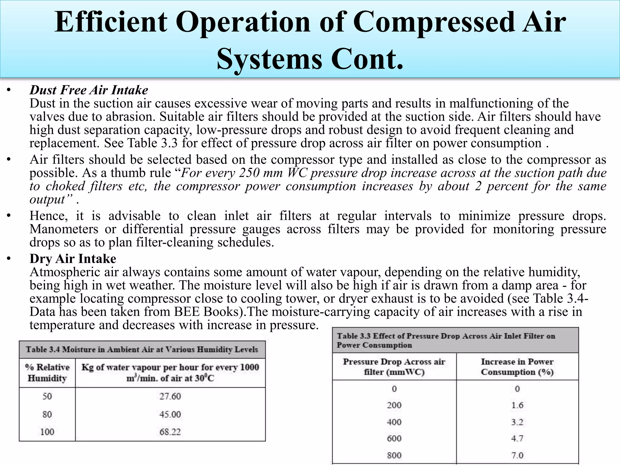 • Dust Free Air Intake
Dust in the suction air causes excessive wear of moving parts and results in malfunctioning of the
valves due to abrasion. Suitable air filters should be provided at the suction side. Air filters should have
high dust separation capacity, low-pressure drops and robust design to avoid frequent cleaning and
replacement. See Table 3.3 for effect of pressure drop across air filter on power consumption .
• Air filters should be selected based on the compressor type and installed as close to the compressor as
possible. As a thumb rule “For every 250 mm WC pressure drop increase across at the suction path due
to choked filters etc, the compressor power consumption increases by about 2 percent for the same
output” .
• Hence, it is advisable to clean inlet air filters at regular intervals to minimize pressure drops.
Manometers or differential pressure gauges across filters may be provided for monitoring pressure
drops so as to plan filter-cleaning schedules.
• Dry Air Intake
Atmospheric air always contains some amount of water vapour, depending on the relative humidity,
being high in wet weather. The moisture level will also be high if air is drawn from a damp area - for
example locating compressor close to cooling tower, or dryer exhaust is to be avoided (see Table 3.4-
Data has been taken from BEE Books).The moisture-carrying capacity of air increases with a rise in
temperature and decreases with increase in pressure.
Efficient Operation of Compressed Air
Systems Cont.
 