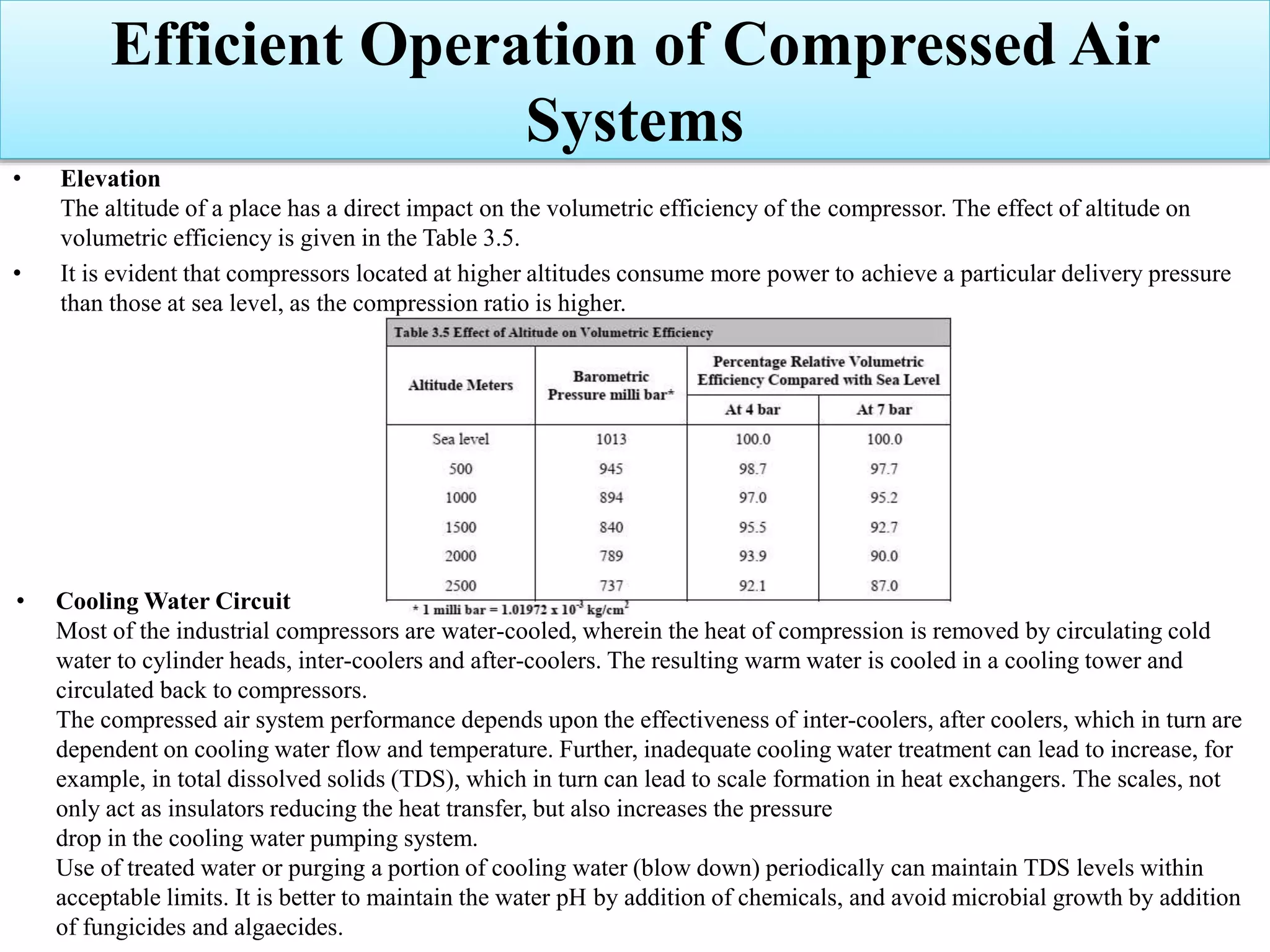 • Elevation
The altitude of a place has a direct impact on the volumetric efficiency of the compressor. The effect of altitude on
volumetric efficiency is given in the Table 3.5.
• It is evident that compressors located at higher altitudes consume more power to achieve a particular delivery pressure
than those at sea level, as the compression ratio is higher.
Efficient Operation of Compressed Air
Systems
• Cooling Water Circuit
Most of the industrial compressors are water-cooled, wherein the heat of compression is removed by circulating cold
water to cylinder heads, inter-coolers and after-coolers. The resulting warm water is cooled in a cooling tower and
circulated back to compressors.
The compressed air system performance depends upon the effectiveness of inter-coolers, after coolers, which in turn are
dependent on cooling water flow and temperature. Further, inadequate cooling water treatment can lead to increase, for
example, in total dissolved solids (TDS), which in turn can lead to scale formation in heat exchangers. The scales, not
only act as insulators reducing the heat transfer, but also increases the pressure
drop in the cooling water pumping system.
Use of treated water or purging a portion of cooling water (blow down) periodically can maintain TDS levels within
acceptable limits. It is better to maintain the water pH by addition of chemicals, and avoid microbial growth by addition
of fungicides and algaecides.
 