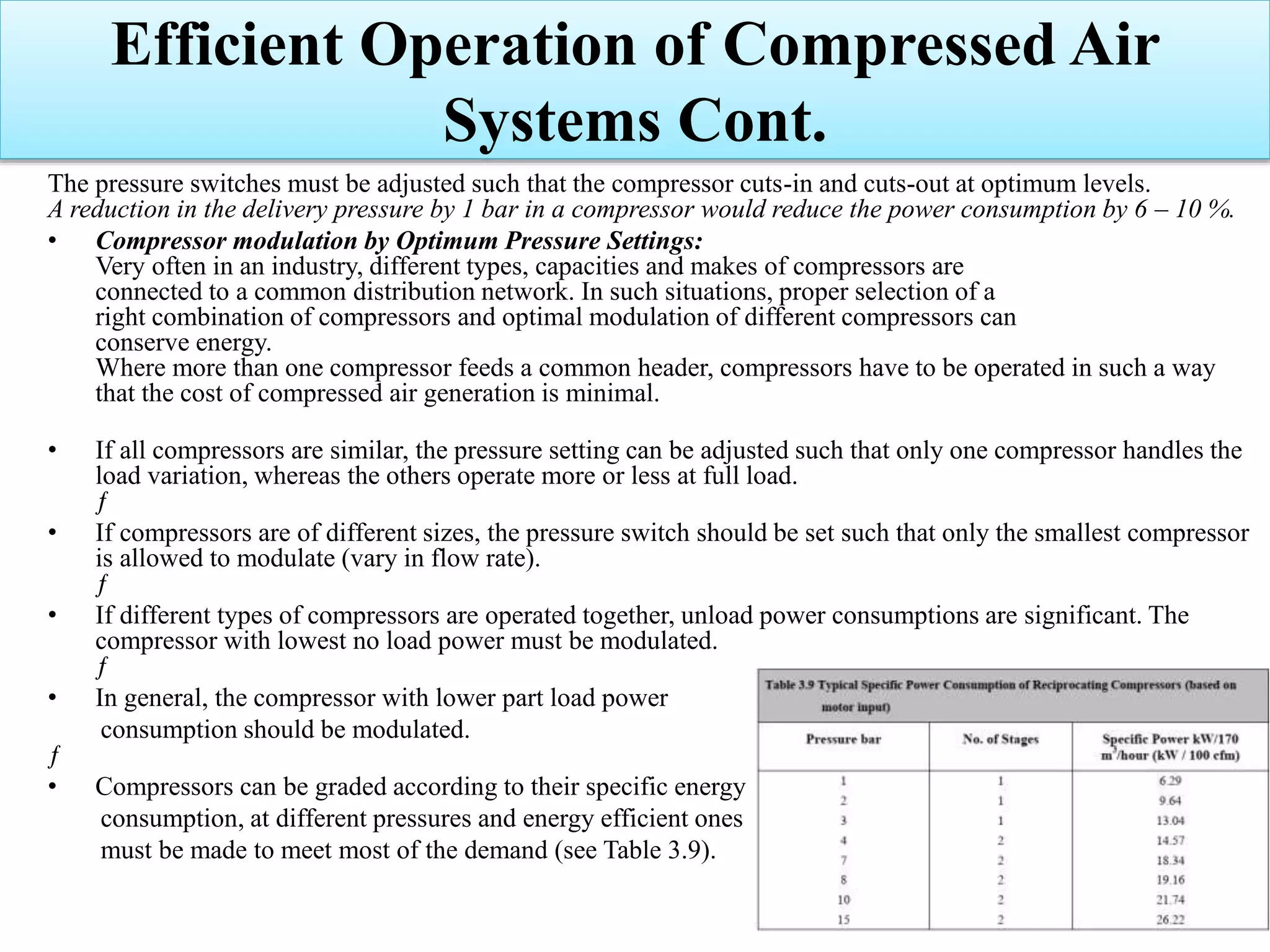 The pressure switches must be adjusted such that the compressor cuts-in and cuts-out at optimum levels.
A reduction in the delivery pressure by 1 bar in a compressor would reduce the power consumption by 6 – 10 %.
• Compressor modulation by Optimum Pressure Settings:
Very often in an industry, different types, capacities and makes of compressors are
connected to a common distribution network. In such situations, proper selection of a
right combination of compressors and optimal modulation of different compressors can
conserve energy.
Where more than one compressor feeds a common header, compressors have to be operated in such a way
that the cost of compressed air generation is minimal.
• If all compressors are similar, the pressure setting can be adjusted such that only one compressor handles the
load variation, whereas the others operate more or less at full load.
ƒ
• If compressors are of different sizes, the pressure switch should be set such that only the smallest compressor
is allowed to modulate (vary in flow rate).
ƒ
• If different types of compressors are operated together, unload power consumptions are significant. The
compressor with lowest no load power must be modulated.
ƒ
• In general, the compressor with lower part load power
consumption should be modulated.
ƒ
• Compressors can be graded according to their specific energy
consumption, at different pressures and energy efficient ones
must be made to meet most of the demand (see Table 3.9).
Efficient Operation of Compressed Air
Systems Cont.
 