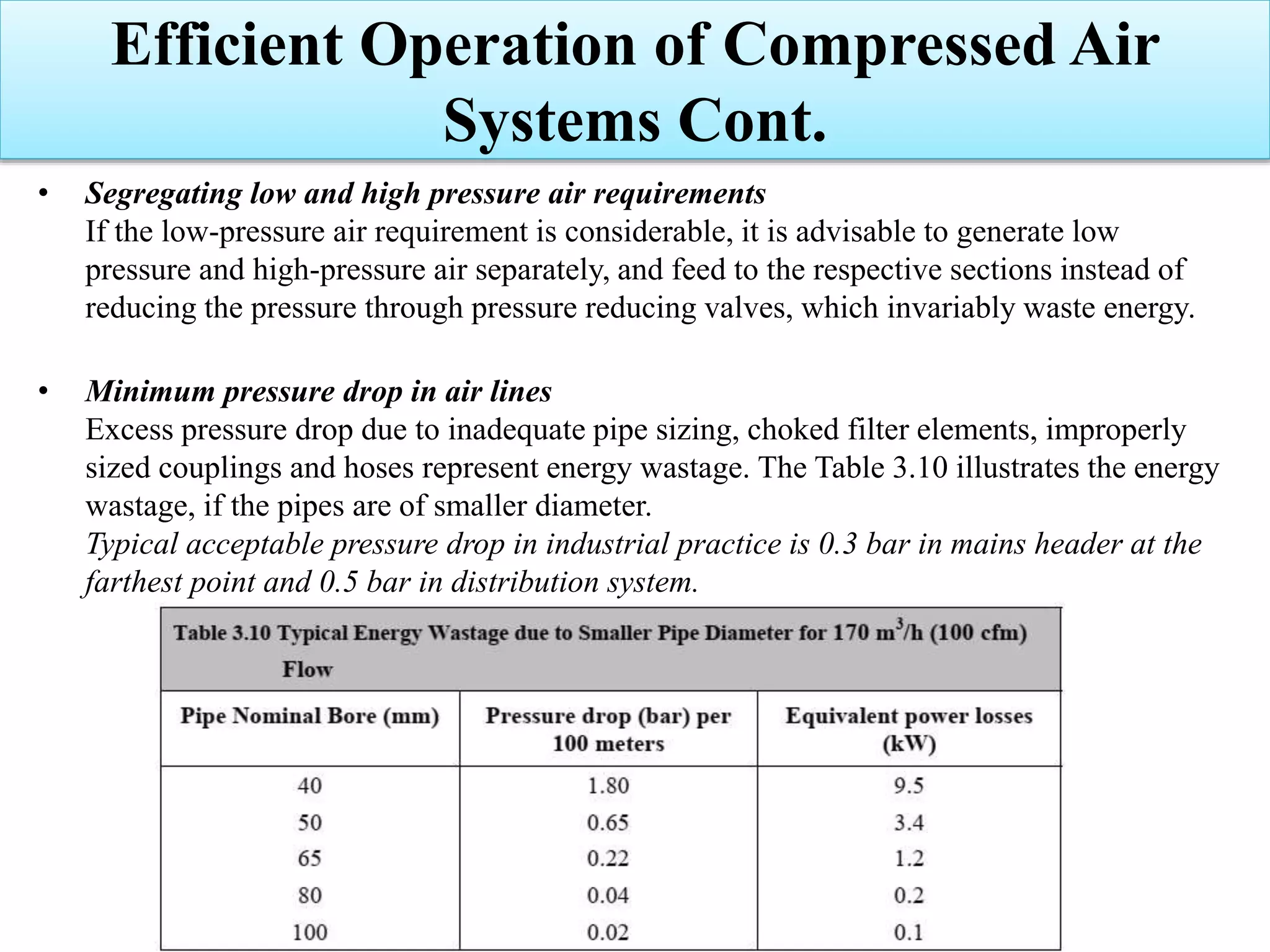 • Segregating low and high pressure air requirements
If the low-pressure air requirement is considerable, it is advisable to generate low
pressure and high-pressure air separately, and feed to the respective sections instead of
reducing the pressure through pressure reducing valves, which invariably waste energy.
• Minimum pressure drop in air lines
Excess pressure drop due to inadequate pipe sizing, choked filter elements, improperly
sized couplings and hoses represent energy wastage. The Table 3.10 illustrates the energy
wastage, if the pipes are of smaller diameter.
Typical acceptable pressure drop in industrial practice is 0.3 bar in mains header at the
farthest point and 0.5 bar in distribution system.
Efficient Operation of Compressed Air
Systems Cont.
 