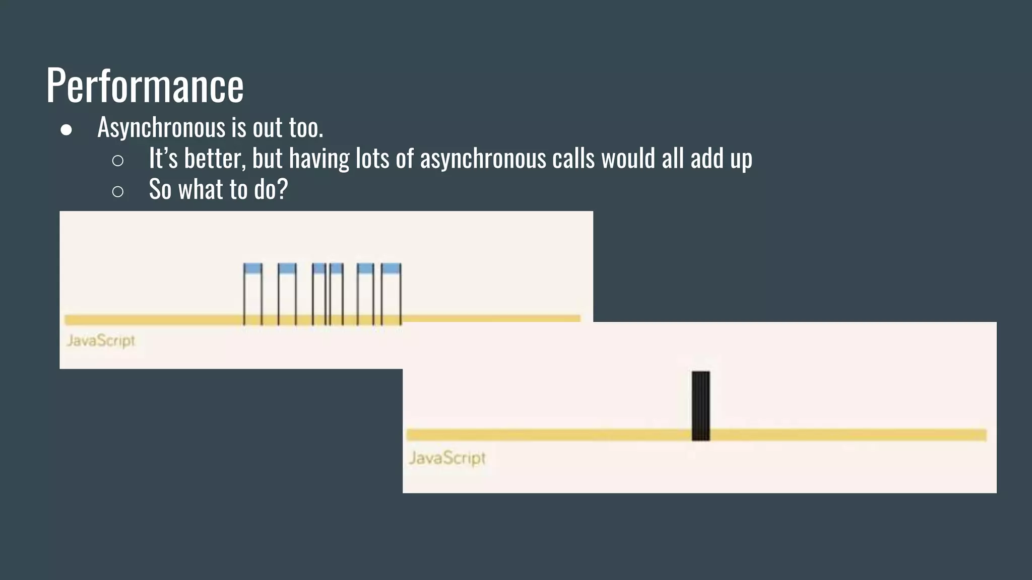 Performance
● Asynchronous is out too.
○ It’s better, but having lots of asynchronous calls would all add up
○ So what to do?
 