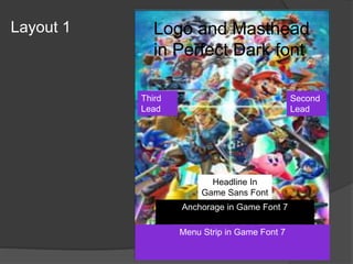 Layout 1 Logo and Masthead
in Perfect Dark font
Headline In
Game Sans Font
Anchorage in Game Font 7
Second
Lead
Menu Strip in Game Font 7
Third
Lead
 