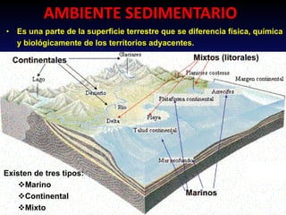 AMBIENTE SEDIMENTARIO
• Es una parte de la superficie terrestre que se diferencia física, química
y biológicamente de los territorios adyacentes.
Existen de tres tipos:
Marino
Continental
Mixto
 