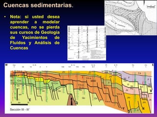 Cuencas sedimentarias.
• Nota: si usted desea
aprender a modelar
cuencas, no se pierda
sus cursos de Geología
de Yacimientos de
Fluidos y Análisis de
Cuencas
 