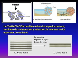 La COMPACTACIÓN también reduce los espacios porosos,
resultado de la desecación y reducción de volumen de los
espesores acumulados.
 