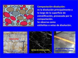 Compactación-disolución:
es la disolución principalmente a
lo largo de la superficie de
estratificación, provocada por la
compactación.
Se observa como
estilolitas o vetas de disolución.
ESTILOLITAS
VETAS DE DISOLUCIÓN
VETAS DE DISOLUCIÓN
Piso del Metro CDMX
 