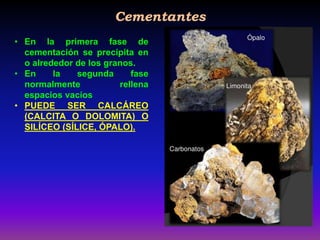 Cementantes
• En la primera fase de
cementación se precipita en
o alrededor de los granos.
• En la segunda fase
normalmente rellena
espacios vacíos
• PUEDE SER CALCÁREO
(CALCITA O DOLOMITA) O
SILÍCEO (SÍLICE, ÓPALO).
 
