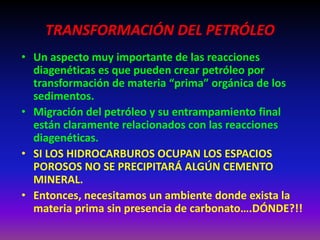 TRANSFORMACIÓN DEL PETRÓLEO
• Un aspecto muy importante de las reacciones
diagenéticas es que pueden crear petróleo por
transformación de materia “prima” orgánica de los
sedimentos.
• Migración del petróleo y su entrampamiento final
están claramente relacionados con las reacciones
diagenéticas.
• SI LOS HIDROCARBUROS OCUPAN LOS ESPACIOS
POROSOS NO SE PRECIPITARÁ ALGÚN CEMENTO
MINERAL.
• Entonces, necesitamos un ambiente donde exista la
materia prima sin presencia de carbonato….DÓNDE?!!
 