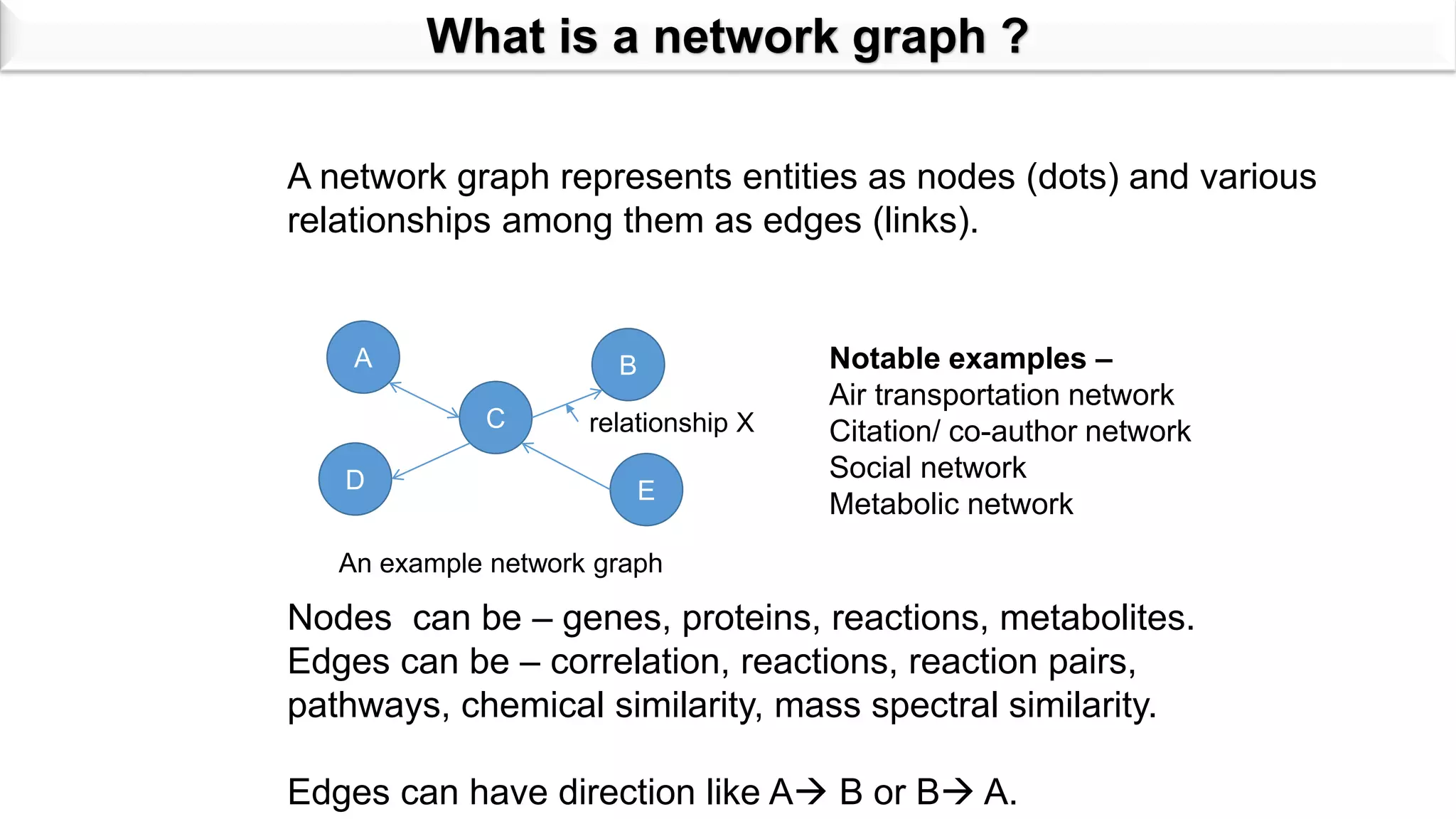 What is a network graph ?
A network graph represents entities as nodes (dots) and various
relationships among them as edges (links).
A
C
D
B
E
relationship X
An example network graph
Nodes can be – genes, proteins, reactions, metabolites.
Edges can be – correlation, reactions, reaction pairs,
pathways, chemical similarity, mass spectral similarity.
Edges can have direction like A B or B A.
Notable examples –
Air transportation network
Citation/ co-author network
Social network
Metabolic network
 