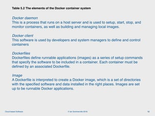 © Ian Sommerville 2018:Cloud-based Software
Docker daemon 
This is a process that runs on a host server and is used to setup, start, stop, and
monitor containers, as well as building and managing local images.
Docker client 
This software is used by developers and system managers to deﬁne and control
containers
Dockerﬁles 
Dockerﬁles deﬁne runnable applications (images) as a series of setup commands
that specify the software to be included in a container. Each container must be
deﬁned by an associated Dockerﬁle.
Image 
A Dockerﬁle is interpreted to create a Docker image, which is a set of directories
with the speciﬁed software and data installed in the right places. Images are set
up to be runnable Docker applications.
Table 5.2 The elements of the Docker container system
12
 