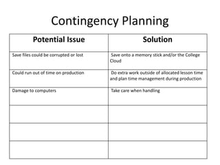Contingency Planning
Potential Issue Solution
Save files could be corrupted or lost Save onto a memory stick and/or the College
Cloud
Could run out of time on production Do extra work outside of allocated lesson time
and plan time management during production
Damage to computers Take care when handling
 