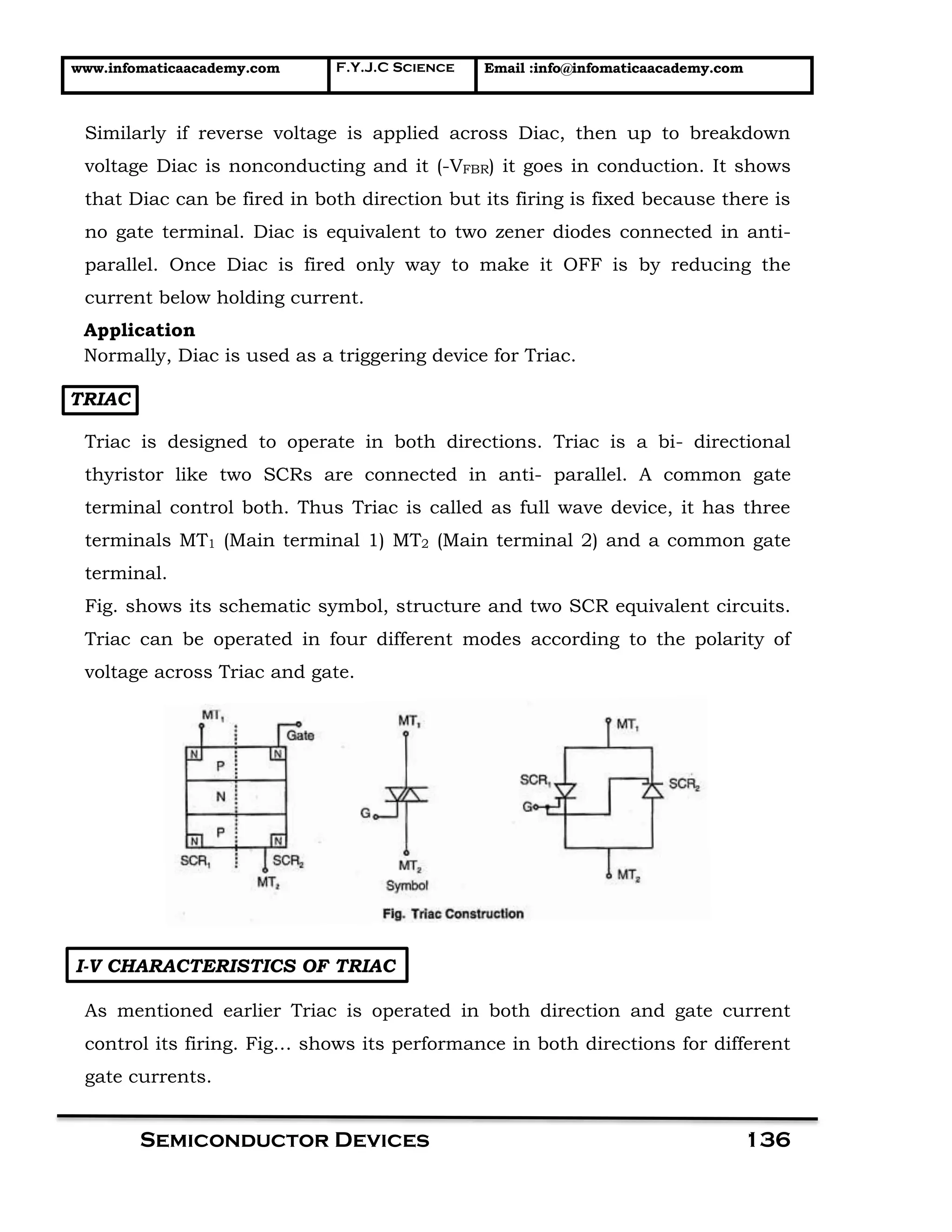 www.infomaticaacademy.com F.Y.J.C Science Email :info@infomaticaacademy.com
Semiconductor Devices 136
Similarly if reverse voltage is applied across Diac, then up to breakdown
voltage Diac is nonconducting and it (-VFBR) it goes in conduction. It shows
that Diac can be fired in both direction but its firing is fixed because there is
no gate terminal. Diac is equivalent to two zener diodes connected in anti-
parallel. Once Diac is fired only way to make it OFF is by reducing the
current below holding current.
Application
Normally, Diac is used as a triggering device for Triac.
TRIAC
Triac is designed to operate in both directions. Triac is a bi- directional
thyristor like two SCRs are connected in anti- parallel. A common gate
terminal control both. Thus Triac is called as full wave device, it has three
terminals MT1 (Main terminal 1) MT2 (Main terminal 2) and a common gate
terminal.
Fig. shows its schematic symbol, structure and two SCR equivalent circuits.
Triac can be operated in four different modes according to the polarity of
voltage across Triac and gate.
I-V CHARACTERISTICS OF TRIAC
As mentioned earlier Triac is operated in both direction and gate current
control its firing. Fig… shows its performance in both directions for different
gate currents.
 