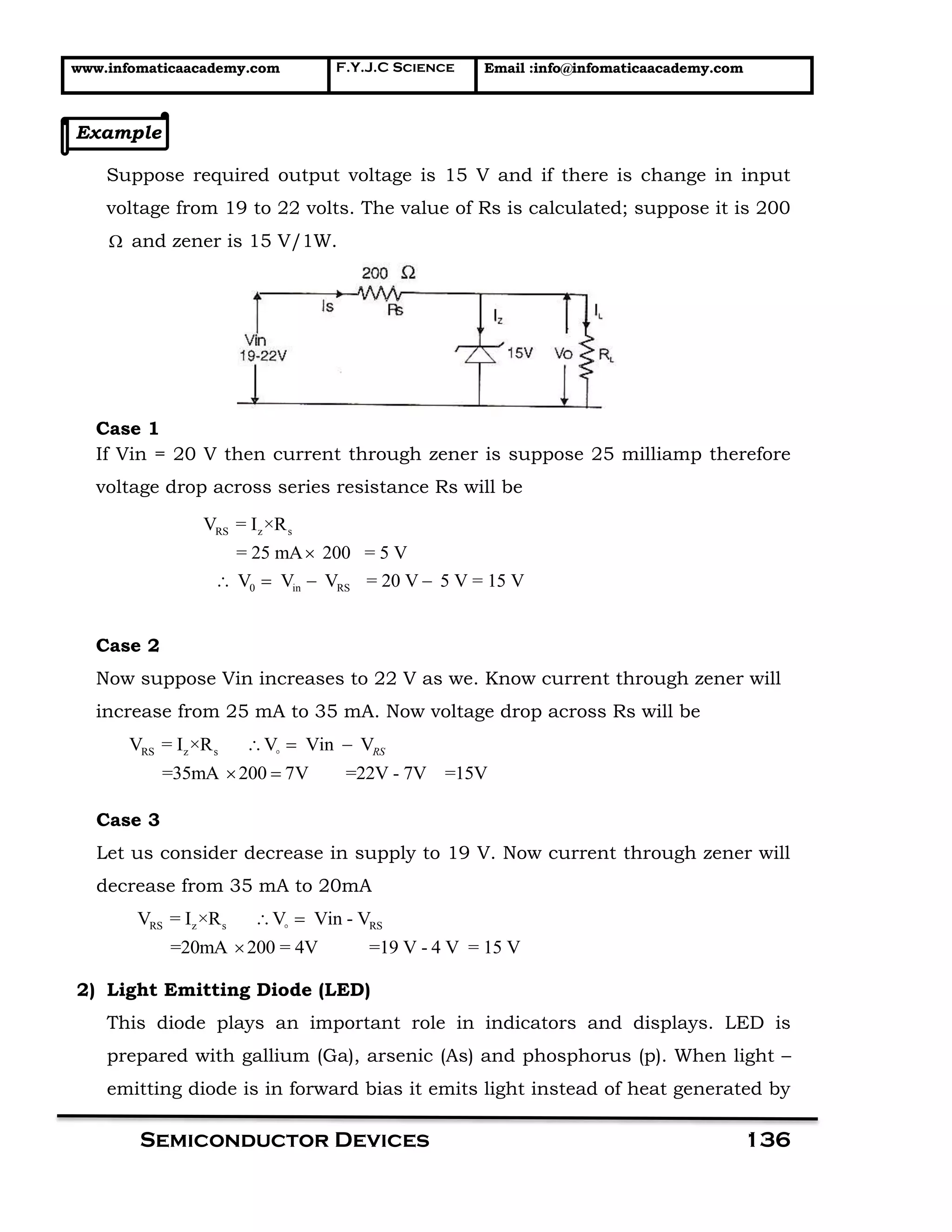 www.infomaticaacademy.com F.Y.J.C Science Email :info@infomaticaacademy.com
Semiconductor Devices 136
Example
Suppose required output voltage is 15 V and if there is change in input
voltage from 19 to 22 volts. The value of Rs is calculated; suppose it is 200
 and zener is 15 V/1W.
Case 1
If Vin = 20 V then current through zener is suppose 25 milliamp therefore
voltage drop across series resistance Rs will be
Case 2
Now suppose Vin increases to 22 V as we. Know current through zener will
increase from 25 mA to 35 mA. Now voltage drop across Rs will be
RS z sV = I ×R V Vin V
=35mA 200 7V =22V - 7V =15V
RS  
 
Case 3
Let us consider decrease in supply to 19 V. Now current through zener will
decrease from 35 mA to 20mA
RS z s RSV = I ×R V Vin - V
=20mA 200 = 4V =19 V - 4 V = 15 V
 

2) Light Emitting Diode (LED)
This diode plays an important role in indicators and displays. LED is
prepared with gallium (Ga), arsenic (As) and phosphorus (p). When light –
emitting diode is in forward bias it emits light instead of heat generated by
RS z s
0 in RS
V = I ×R
= 25 mA 200 = 5 V
V V V = 20 V 5 V = 15 V

   
 