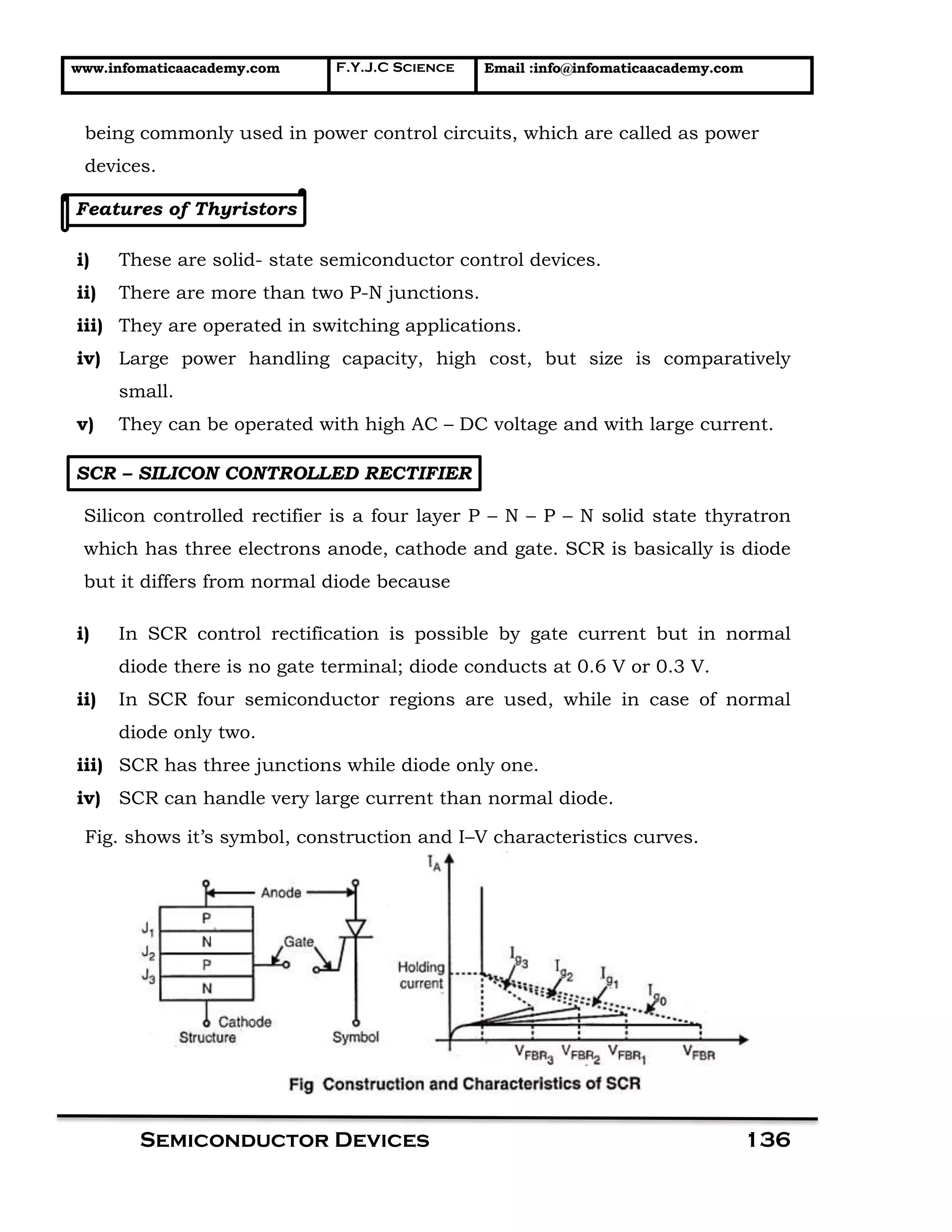 www.infomaticaacademy.com F.Y.J.C Science Email :info@infomaticaacademy.com
Semiconductor Devices 136
being commonly used in power control circuits, which are called as power
devices.
Features of Thyristors
i) These are solid- state semiconductor control devices.
ii) There are more than two P-N junctions.
iii) They are operated in switching applications.
iv) Large power handling capacity, high cost, but size is comparatively
small.
v) They can be operated with high AC – DC voltage and with large current.
SCR – SILICON CONTROLLED RECTIFIER
Silicon controlled rectifier is a four layer P – N – P – N solid state thyratron
which has three electrons anode, cathode and gate. SCR is basically is diode
but it differs from normal diode because
i) In SCR control rectification is possible by gate current but in normal
diode there is no gate terminal; diode conducts at 0.6 V or 0.3 V.
ii) In SCR four semiconductor regions are used, while in case of normal
diode only two.
iii) SCR has three junctions while diode only one.
iv) SCR can handle very large current than normal diode.
Fig. shows it’s symbol, construction and I–V characteristics curves.
 
