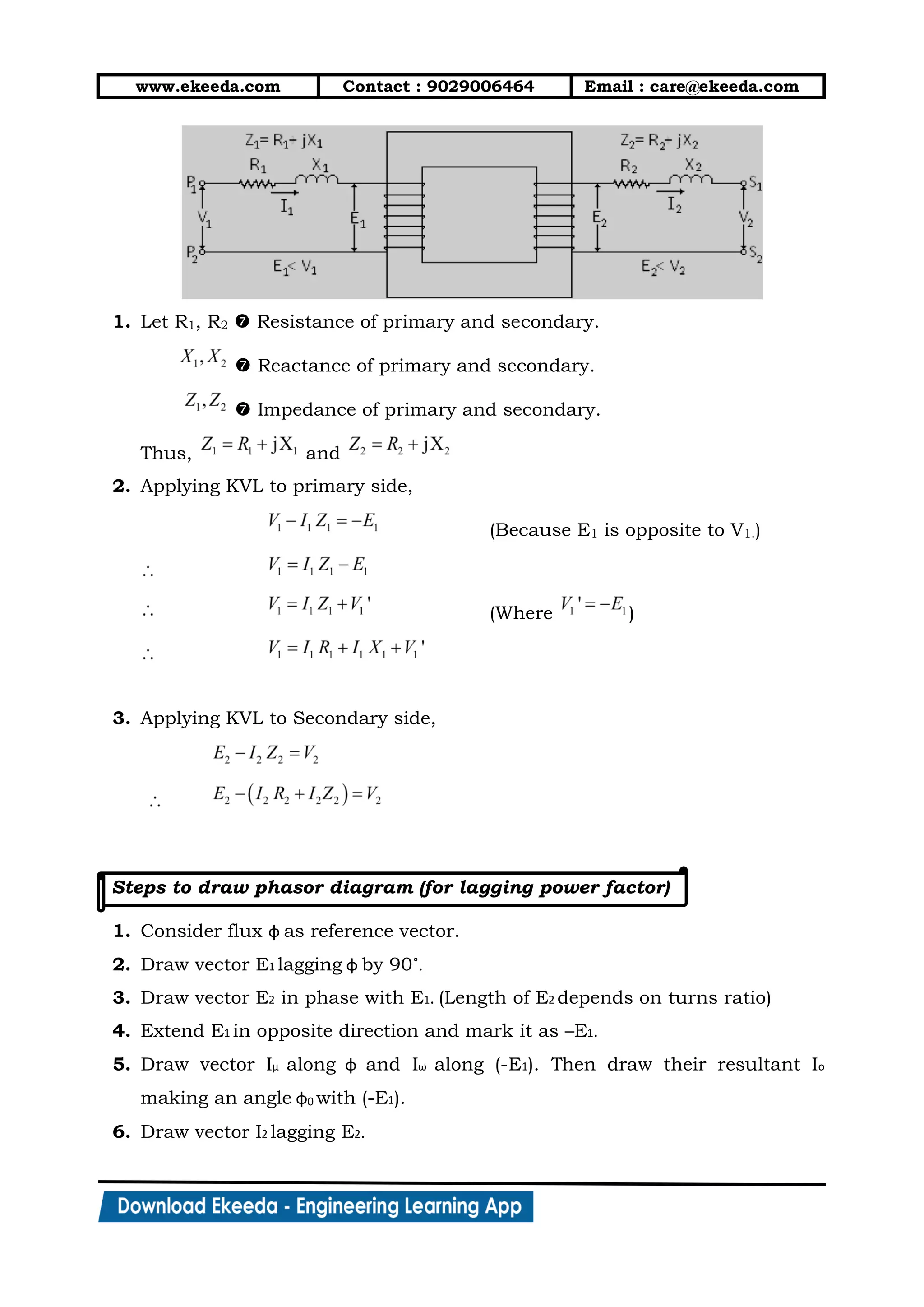 www.ekeeda.com Contact : 9029006464 Email : care@ekeeda.com
1. Let R1, R2  Resistance of primary and secondary.
 Reactance of primary and secondary.
 Impedance of primary and secondary.
Thus, and
2. Applying KVL to primary side,
(Because E1 is opposite to V1.)
(Where )
3. Applying KVL to Secondary side,
Steps to draw phasor diagram (for lagging power factor)
1. Consider flux φ as reference vector.
2. Draw vector E1 lagging φ by 90˚.
3. Draw vector E2 in phase with E1. (Length of E2 depends on turns ratio)
4. Extend E1 in opposite direction and mark it as –E1.
5. Draw vector Iμ along φ and Iω along (-E1). Then draw their resultant Io
making an angle φ0 with (-E1).
6. Draw vector I2 lagging E2.
 