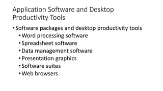 Application Software and Desktop
Productivity Tools
•Software packages and desktop productivity tools
•Word processing software
•Spreadsheet software
•Data management software
•Presentation graphics
•Software suites
•Web browsers
 