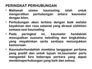 PERINGKAT PERHUBUNGAN
• Matlamat utama kaunseling ialah untuk
mengeratkan perhubungan antara kaunselor
dengan klien.
• Perhubungan akan terbina dengan baik melalui
keyakinan dan rasa selamat yang dirasai olehklien
semasa sesi kaunseling.
• Pada peringkat ini, kaunselor hendaklah
mewujudkan suasana sekeliling dan tingkahlaku
yang meyakinkan serta sentiasa menunjukkan
kemesraan.
• Kaunselorhendaklah membina tanggapan pertama
yang positif dan untuk tujuan ini,kaunselor perlu
mengambil kira beberapa perkara yang dapat
membinaperhubungan yang baik dan selesa.
 