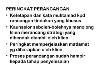PERINGKAT PERANCANGAN
• Ketetapan dan kata muktamad kpd
rancangan tindakan yang khusus
• Kaunselor seboleh-bolehnya menolong
klien merancang strategi yang
dihendak diambil oleh klien
• Peringkat memperjelaskan matlamat
yg diharapkan oleh klien
• Proses perancangan sudah hampir
kepada tahap penyelesaian
 