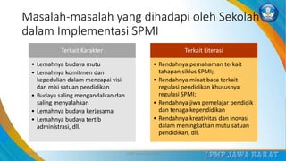 Masalah-masalah yang dihadapi oleh Sekolah
dalam Implementasi SPMI
Terkait Karakter
• Lemahnya budaya mutu
• Lemahnya komitmen dan
kepedulian dalam mencapai visi
dan misi satuan pendidikan
• Budaya saling mengandalkan dan
saling menyalahkan
• Lemahnya budaya kerjasama
• Lemahnya budaya tertib
administrasi, dll.
Terkait Literasi
• Rendahnya pemahaman terkait
tahapan siklus SPMI;
• Rendahnya minat baca terkait
regulasi pendidikan khususnya
regulasi SPMI;
• Rendahnya jiwa pemelajar pendidik
dan tenaga kependidikan
• Rendahnya kreativitas dan inovasi
dalam meningkatkan mutu satuan
pendidikan, dll.
3/12/2019 LPMP Jawa Barat 2019 19
 