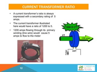 CURRENT TRANSFORMER RATIO
• A current transformer’s ratio is always
expressed with a secondary rating of 5
amps.
• The current transformer illustrated
here would have a ratio of 1200 to 5.
• 1200 amps flowing through its primary
winding (line wire) would cause 5
amps to flow to the meter
12
 