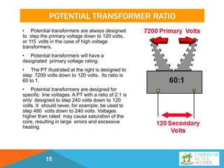 POTENTIAL TRANSFORMER RATIO
• Potential transformers are always designed
to step the primary voltage down to 120 volts,
or 115 volts in the case of high voltage
transformers.
• Potential transformers will have a
designated primary voltage rating.
• The PT illustrated at the right is designed to
step 7200 volts down to 120 volts. Its ratio is
60 to 1.
• Potential transformers are designed for
specific line voltages. A PT with a ratio of 2:1 is
only designed to step 240 volts down to 120
volts. It should never, for example, be used to
step 480 volts down to 240 volts. Voltages
higher than rated may cause saturation of the
core, resulting in large errors and excessive
heating.
15
 