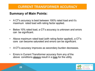 CURRENT TRANSFORMER ACCURACY
Summary of Main Points:
• A CT’s accuracy is best between 100% rated load and it’s
maximum rated load with rating factor applied.
• Below 10% rated load, a CT’s accuracy is unknown and errors
can be significant.
• Above maximum rated load (with rating factor applied), a CT’s
core can become saturated and errors can be significant.
• A CT’s accuracy improves as secondary burden decreases.
• Errors in Current Transformer accuracy from any of the
above conditions always result in a loss for the utility.
29
 