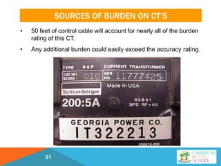 SOURCES OF BURDEN ON CT’S
• 50 feet of control cable will account for nearly all of the burden
rating of this CT.
• Any additional burden could easily exceed the accuracy rating.
31
 